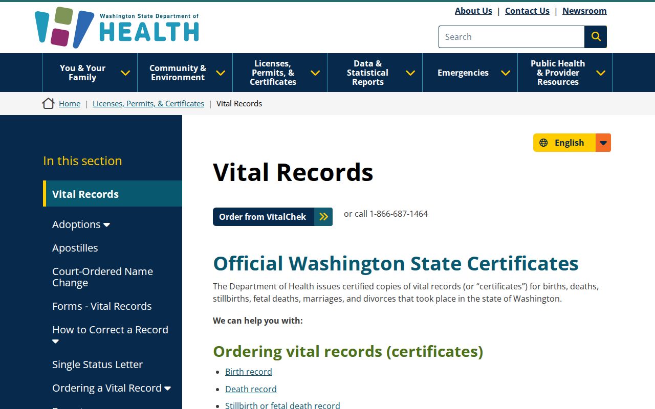 Washington vital record certificate and application options